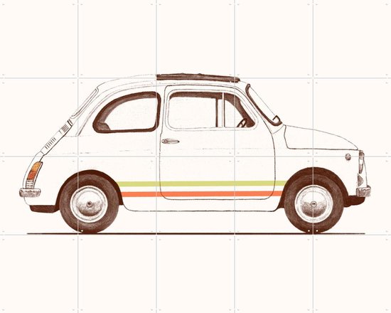 Dessin au trait blanc d'une Fiat 500 avec des rayures colorées sur le côté et un toit ouvrant.