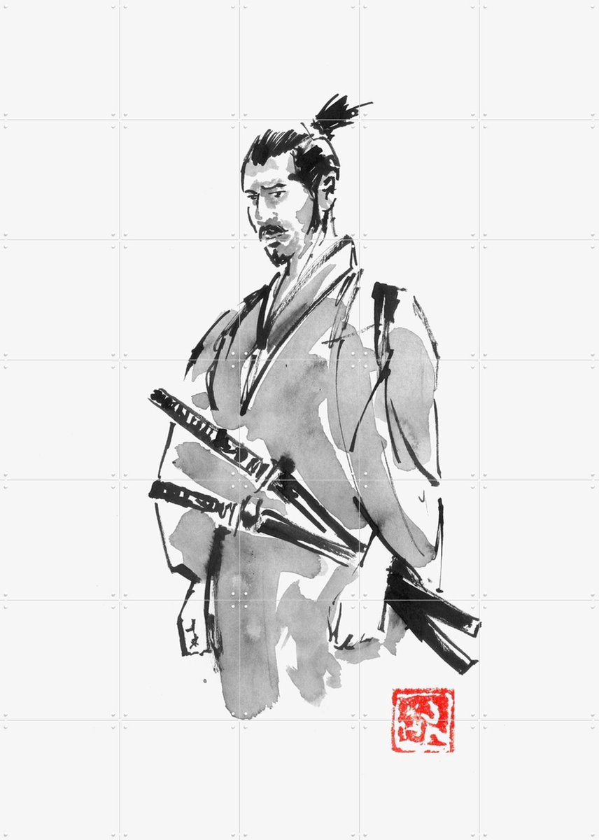 IXXI Thinking Samurai, Péchane - 100 x 140 cm - Gratis ophangtool - Grote wanddecoratie en posters - Line art, Illustraties, Mancave, Slaapkamer