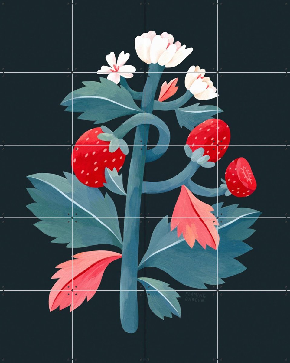 IXXI Strawberry, Flaming Garden - 80 x 100 cm - Gratis ophangtool - Grote wanddecoratie en posters - Speels, Illustraties, Eetkamer, Woonkamer