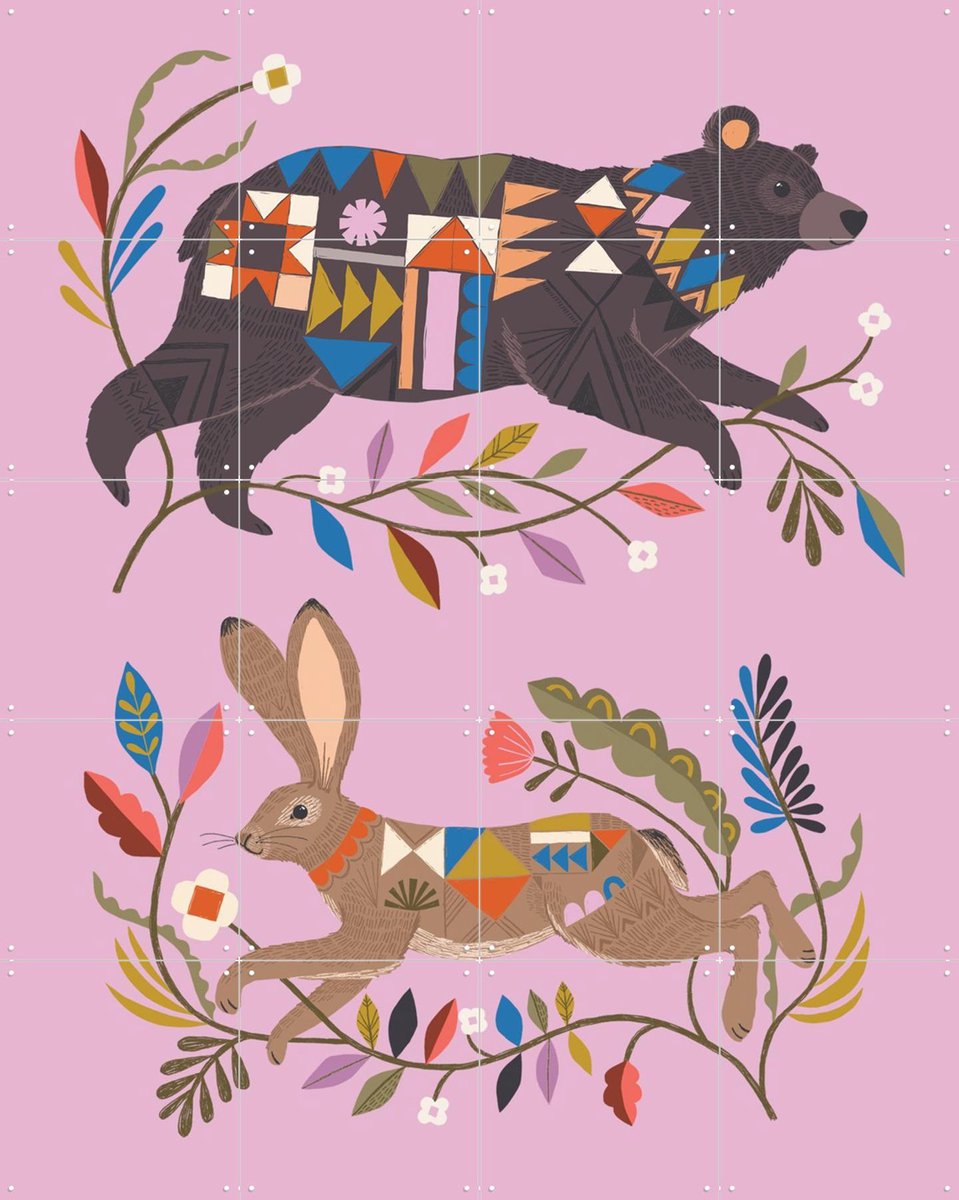 IXXI Bear & Rabbit, Bethan Janine - 80 x 100 cm - Gratis ophangtool - Grote wanddecoratie en posters - Speels, Fantasierijk, Illustraties, Kleurrijk