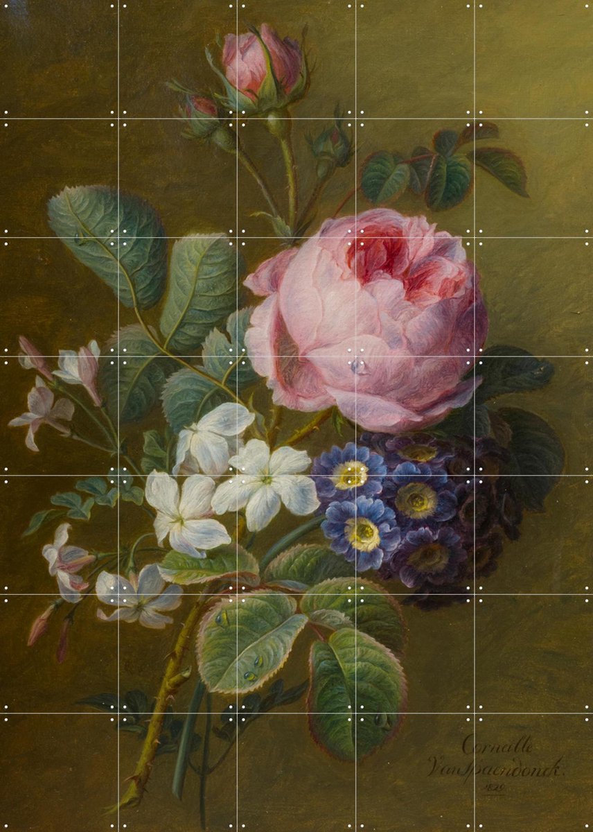 IXXI Boeket van oude rozen, jasmijn en sleutelbloemen, Gerard van Spaendonck & Het Noordbrabants Museum - 100 x 140 cm - Gratis ophangtool - Grote
