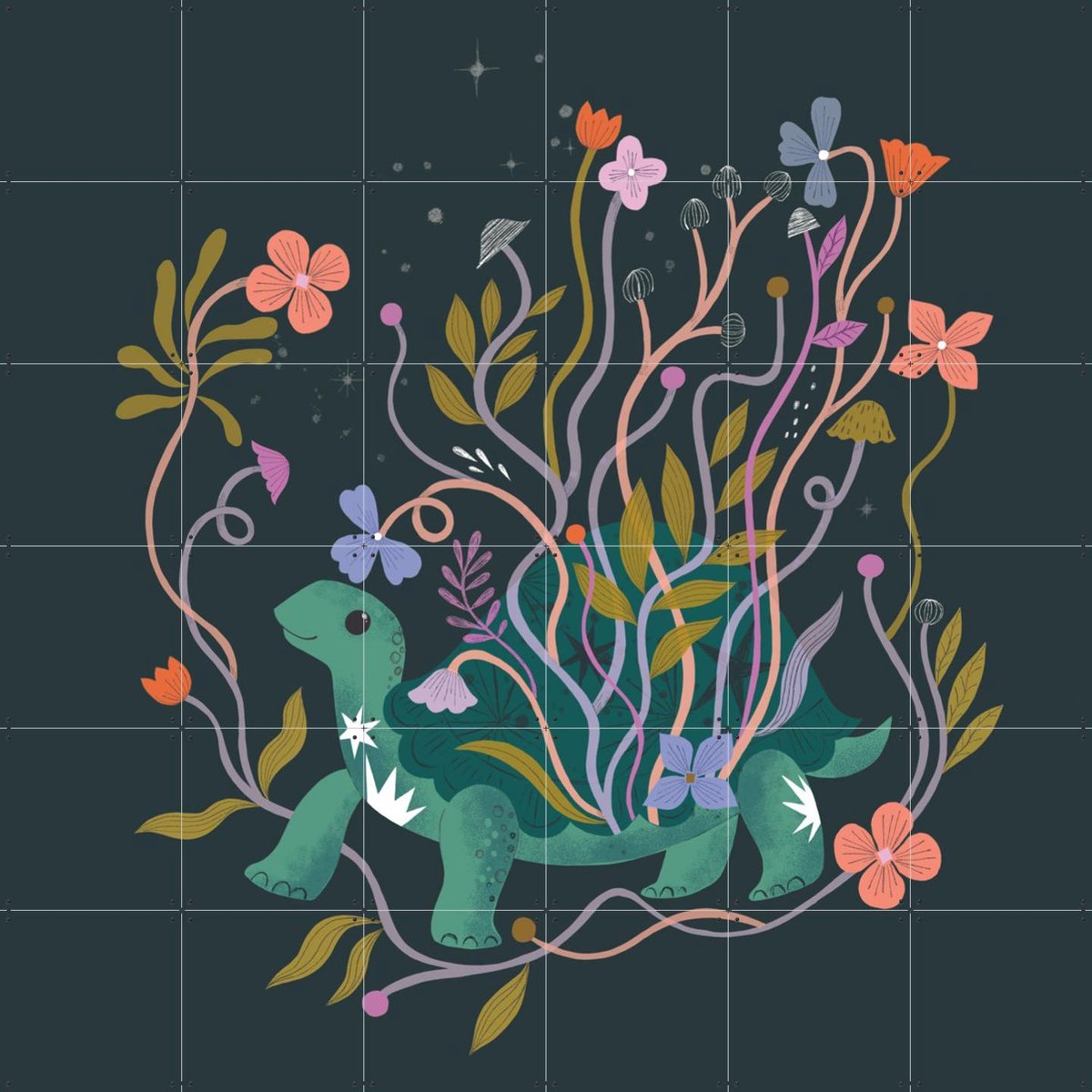 IXXI Tortoise, Bethan Janine - 120 x 120 cm - Gratis ophangtool - Grote wanddecoratie en posters - Kleurrijk, Fantasierijk, Speels, Illustraties