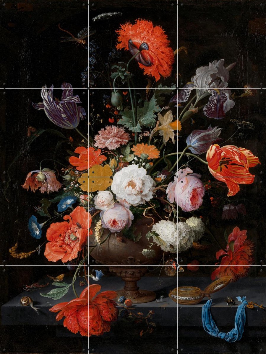 IXXI Stilleven met bloemen en horloge, Abraham Mignon & Rijksmuseum - 60 x 80 cm - Gratis ophangtool - Grote wanddecoratie en posters - Naturalisme