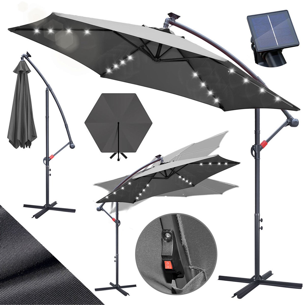 Zweefparasols - 350CM - Solar LED Verlichting 32x Wit - UV 50+ bescherming (blokkeert 98% UV) - Multi-angle Kantelbaar & Draaibaar - Windbestendig frame 8 Ribben - Incl. Kruisvoet - Waterafstotend doek Grijs