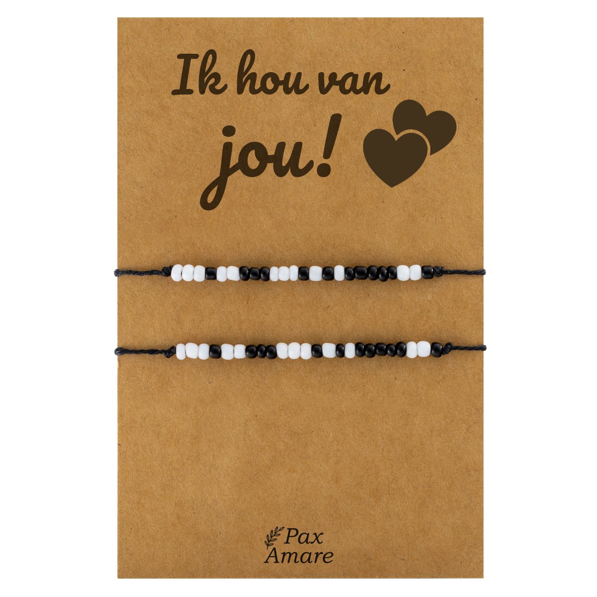 Koppel Armbandjes voor 2 "Ik hou van jou" - Morse Code "ILY" - BFF Armbandjes met Cadeau Kaartje - Zwart/Wit - Elastisch Verstelbaar - Pax Amare
