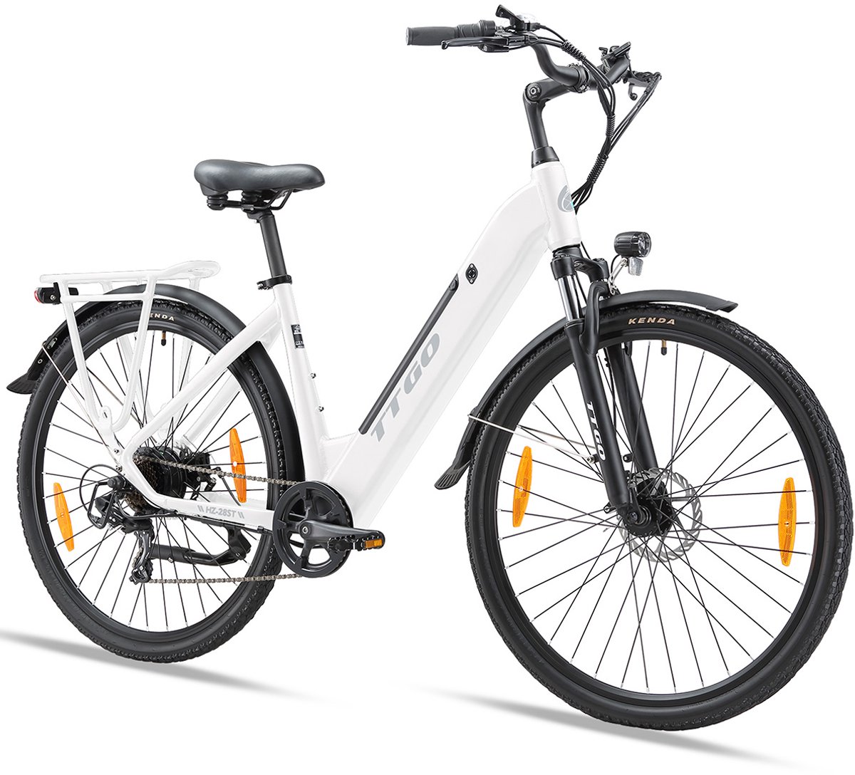 TTGO Elektrische Fiets HZ-28ST - 110 km Bereik - 720Wh/20Ah Accu - Aluminium Lage Instapframe - 28 Inch Wielen- Shimano 7 Versnellingen - Mechanische Schijfrem - LCD Display - Elektrische Stadsfiets - Wit