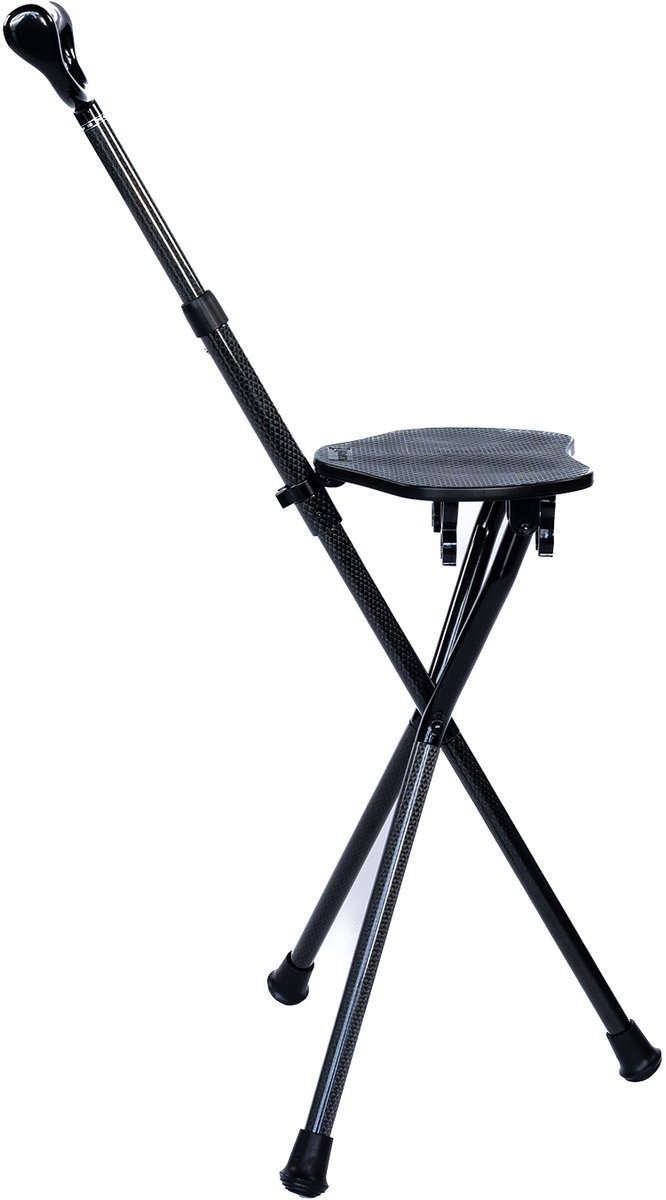 WalkSit® Tripod Wandelstok - Wandelstok met Inklapbare Zitting - Opvouwbare Wandelstok - Dames en Heren Loopstok - Verstelbare Wandelstok - Carbon - Zwart