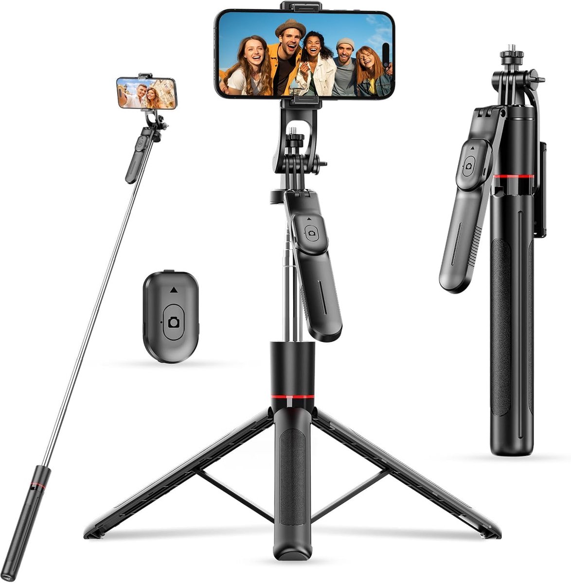 Selfie Stick - Statief - Zelfiestok Statief met Afstandsbediening - 1.7m Uitschuifbaar Staal Statief - Compact Reisfstatief voor Selfies en Video's - Zwart - 1 stuk