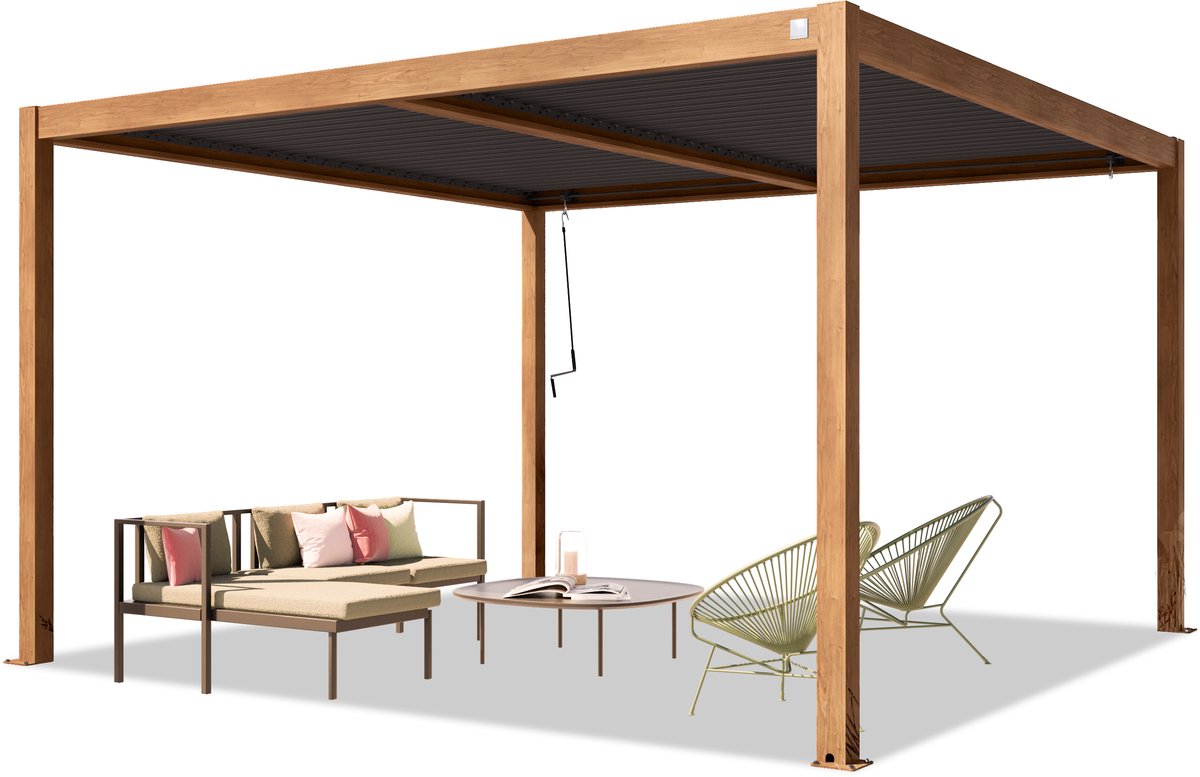 PRIMEYARD Pergola 4x4 m staanders van aluminium in houtoptiek met stalen lamellendak paviljoen