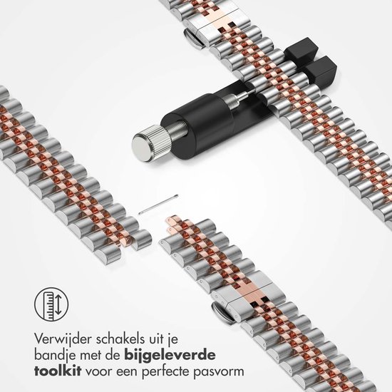 Zilverkleurig en roségouden metalen horlogebandje met tool voor het verwijderen van schakels, voor een perfecte pasvorm.