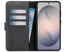 Étui Rosso Deluxe en Cuir Véritable Adapté pour Samsung Galaxy S26 | Espace pour trois cartes | Étui portefeuille | Avec porte-cartes | Noir