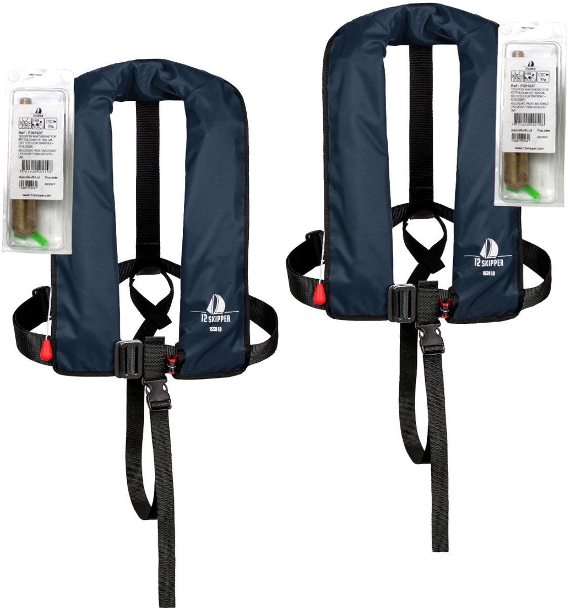 Set van 2: 12skipper automatisch reddingsvest 165N ISO met harnas, marineblauw, inclusief herlaadsets