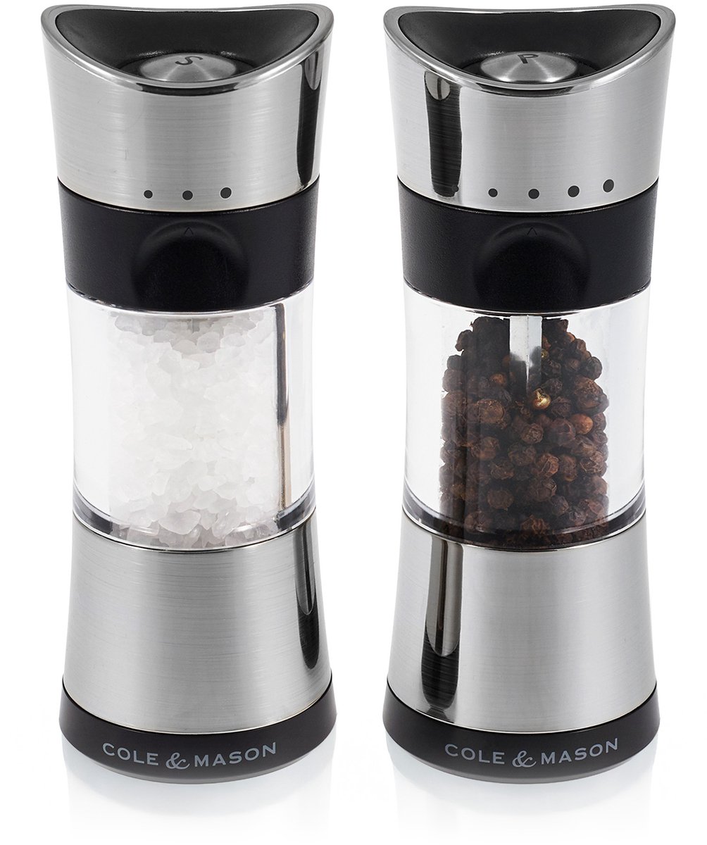 Cole & Mason Horsham Peper- en Zoutmolenset - Anti-Knoei 'Inverta' Systeem - Instelbare Maalgraad (Precision+) - 15.5 cm - Chroom / Acryl