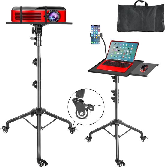 Beamer statief verstelbaar 66-160 cm zwart – projector standaard met 360° draaibaar en kantelbaar plateau, antislip en inklapbaar