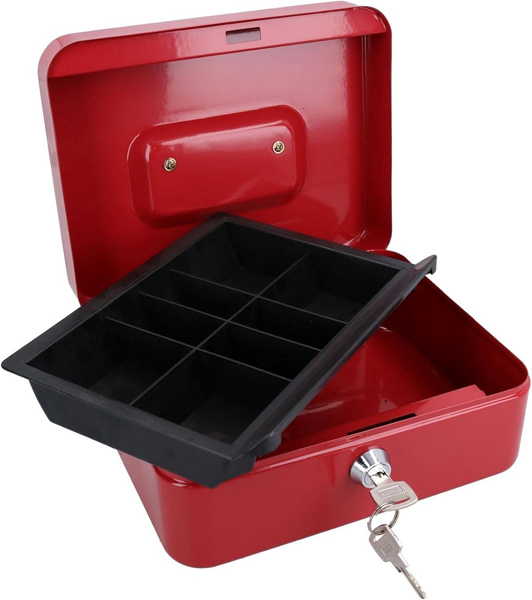 Metalen Kassa met Muntenbak en Sleutels - 8 Inch Kantoorkluis Rood