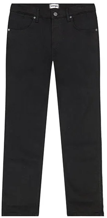 Zwarte Wrangler Greensboro jeans, recht model, op een witte achtergrond.