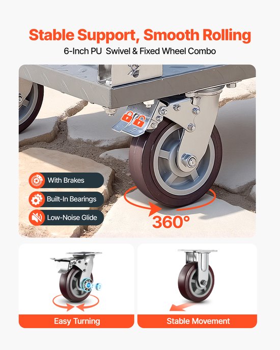 VEVOR Plattformwagen Klappbar – 1202 Kg Tragkraft, Abnehmbares Geländer, Schwenkräder, 1220x610x920 Mm