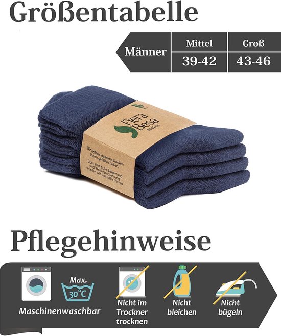 Verpakking met vier donkerblauwe sokken, maattabel en onderhoudsinstructies: machinewasbaar, niet in droger, niet bleken, niet strijken.