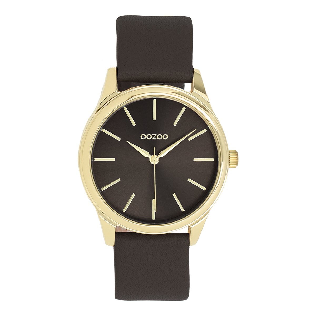 OOZOO Timepieces - Goudkleurige OOZOO horloge met donker bruine leren band - C11678