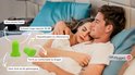 Man en vrouw slapend in bed. Twee groene oordopjes met pijlen en tekst over 'ultra zachte foam' en '36 dB'.