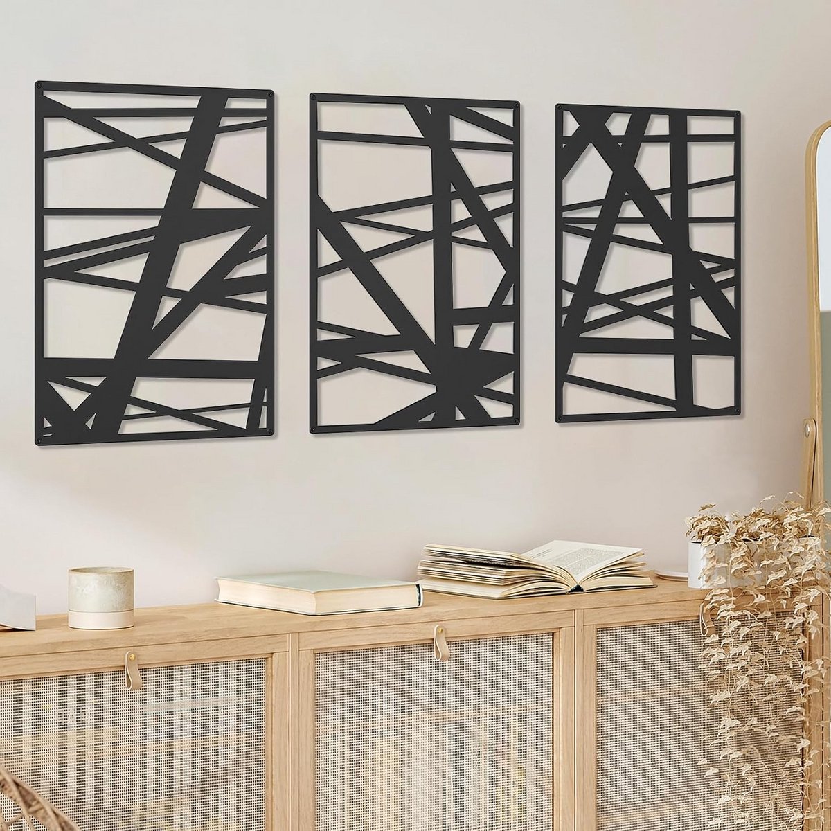 Set van 3 Abstracte Metalen Wanddecoratie Zwart - Minimalistische Lijnkunst Wandschildering 3D