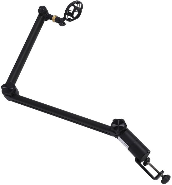Zwarte microfoonarm met tafelklem en microfoonhouder. De scharnierende boomarm is volledig verstelbaar.