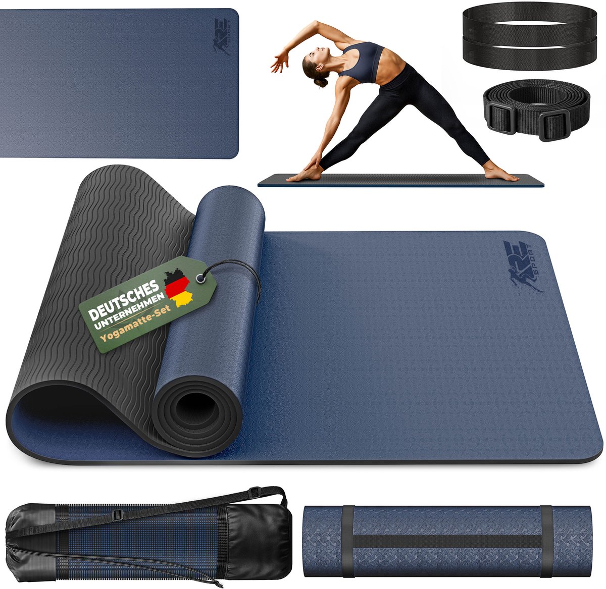 RE:Sport Yogamat, ftalaatvrij, gymnastiekmat, antislip, fitnessmat, vrij van schadelijke stoffen, trainingsmat met draagriem, 183 x 61 x 0,6 cm