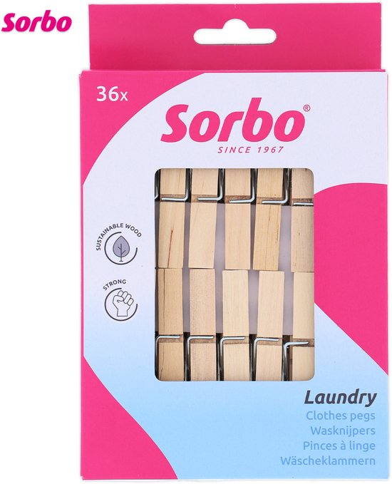 Verpakking met 36 Sorbo houten wasknijpers. Roze en witte verpakking, met teksten 'Sustainable Wood' en 'Strong'.