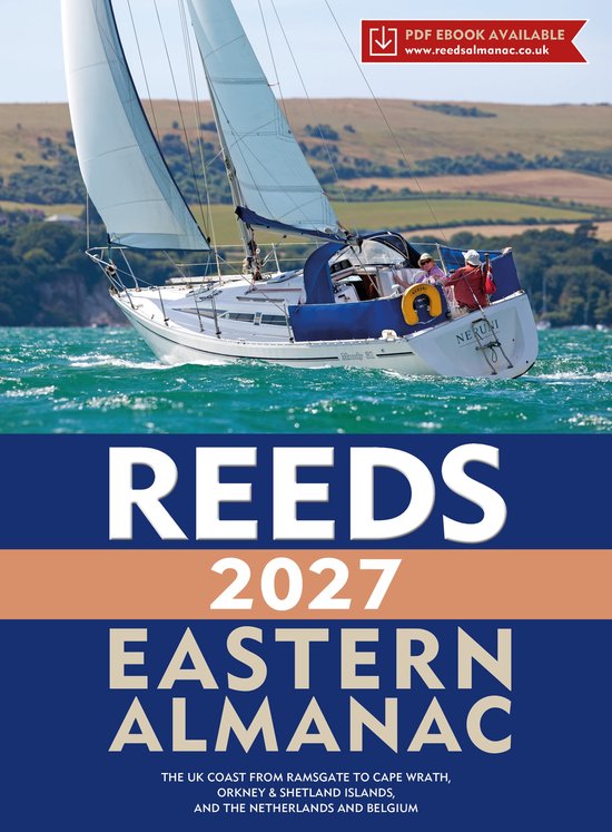 Zeilboot 'Neruni' met zeilen omhoog op het water. De titel REEDS 2027 EASTERN ALMANAC staat prominent op de voorkant.