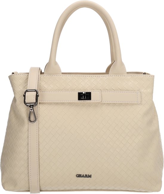 Charm London Mirabello Handtas - Gevlochten Detail - Twee Handvatten - Verstelbare Band - Tussenritsvak - Gesp Voorop - Dames - Shopper - Schoudertas - Beige