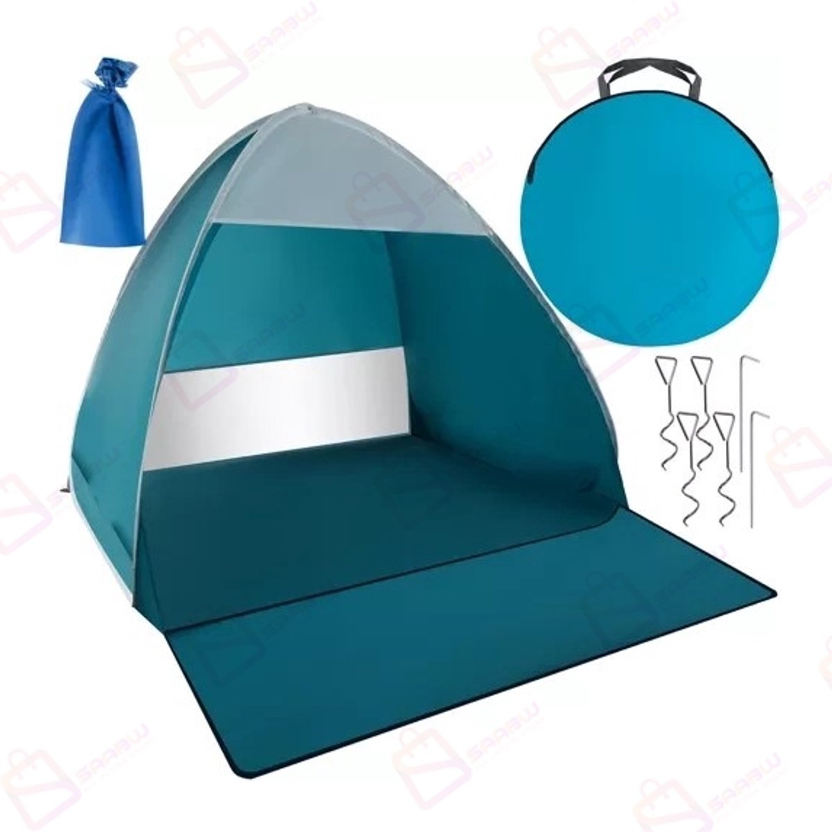 2-Persoons POP-UP Strandtent met Muskietennet 150x120x110 cm – Zelfopenend – UV 30+ – Waterkolom 300 mm – Inclusief Haringen en Draagtas – Blauw/Wit – 50061