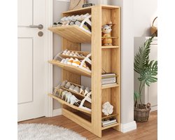 Moderne minimalistische houten schoenenkast - ontwerp met drie deuren - open vakken - geschikt voor plaatsing bij de ingang/hal