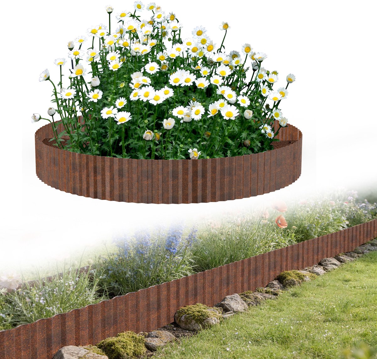 Froadp 5 stuks 5 m lengte 15 cm hoogte Flexibele gazonrand Bloembedafscheiding Golvend Tuinafscheiding Tuinrand van metaal Gegalvaniseerd Bloembedafscheiding voor gazon Maaikant Bloembed, roestkleurig
