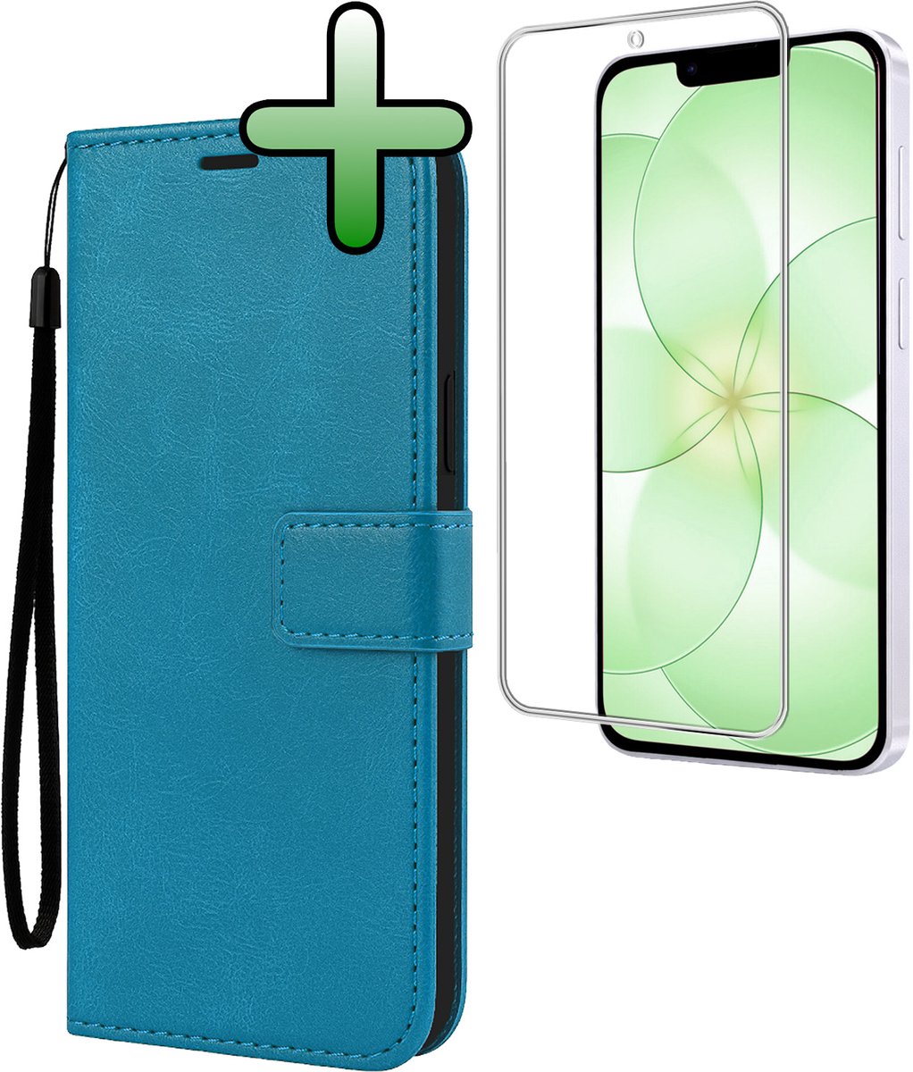 Hoesje Met Screenprotector - Geschikt voor Apple iPhone 17e - Luxe Pasjeshouder - Bookcase Portemonee - Flip Case - Kunstleer Book Case - Flipcase - Book Cover - Walletcase - Portemonneehoes - Turquoise
