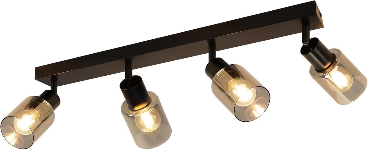 Glitzerlife - Plafondspot Plafondlamp - Industrieel Vintage - Opbouwspots Keuken - Draaibaar en Kantelbaar - Glas en Metaal - 4xE14 fitting - Ø56cm - Zwart