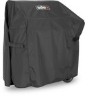 Zwarte Weber grillhoes voor gasgrill met handvatten aan zijkant.