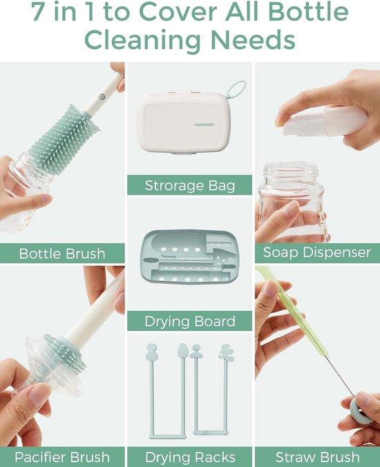 Babyfles Borstelset 7-in-1 - Alles-in-één Schoonmaakset met Siliconen Afwasborstel, Soppenborstel, Drinkrietborstel, Zeepdispenser + Droogrek - Voor Thuis & Onderweg van Merkloos — afbeelding 2