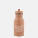 Roze Trixie drinkfles met kattengezicht en witte stippen.