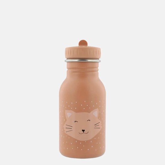 Roze Trixie drinkfles met kattengezicht en witte stippen.