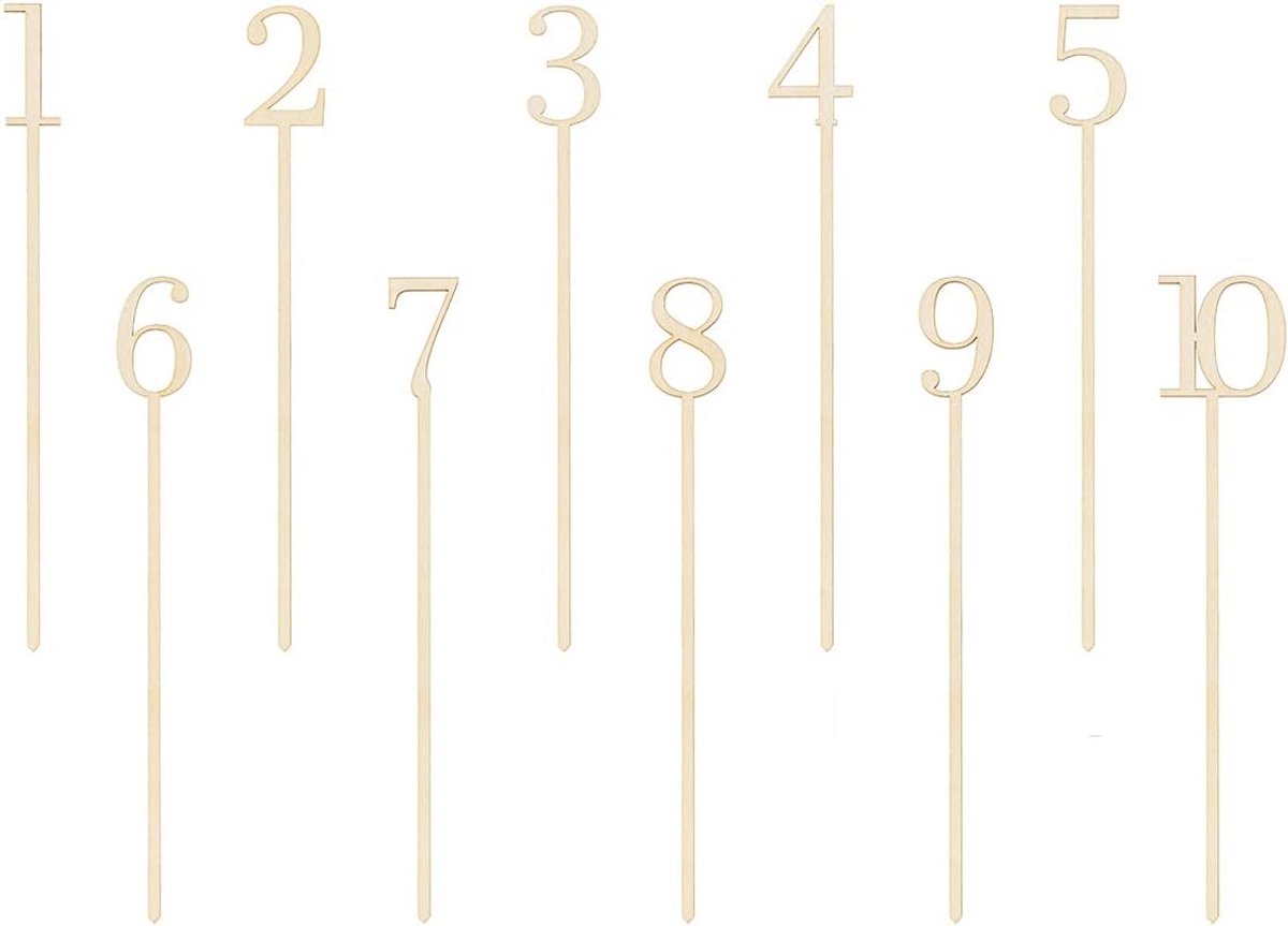 Houten tafelnummers met prikker - Set van 10 stuks