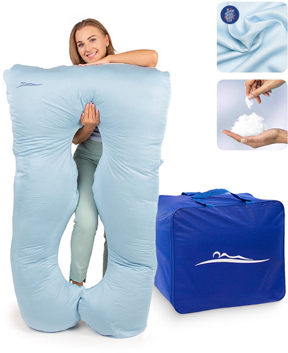 KomfortKissen™ Premium Zwangerschapskussen XXL – Lichaamskussen 150 cm – Zijslaapkussen – Body Pillow – Voedingskussen – Ergonomisch Kussen – Afneembare Hoes – Wasbaar – Borstvoedingskussen – Lichtblauw