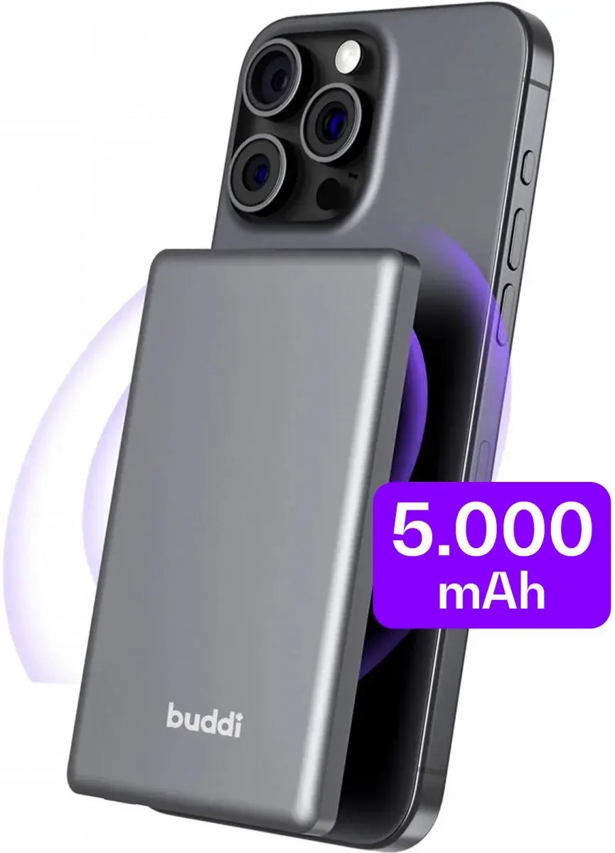 Buddi Connect - 5.000 mAh Magnetische Draadloze Powerbank - Compatibel met MagSafe - 20W USB-C Snelladen - Reisformaat - Ultra Dun - Compact - Externe Wireless Batterij - Geschikt voor iPhone - Zwart