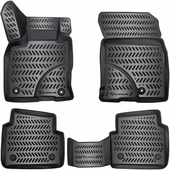 Een set van vier zwarte 3D automatten voor een auto, inclusief voor- en achtermatten.