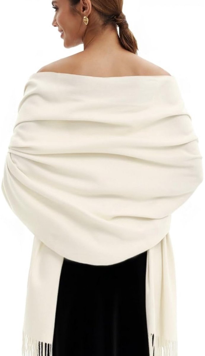 Herfst/winter sjaals - Effen imitatie kasjmier warme sjaal voor dames - Minimalistische sjaal met franjes - Ideaal voor bruiloften en avondkleding - Wit