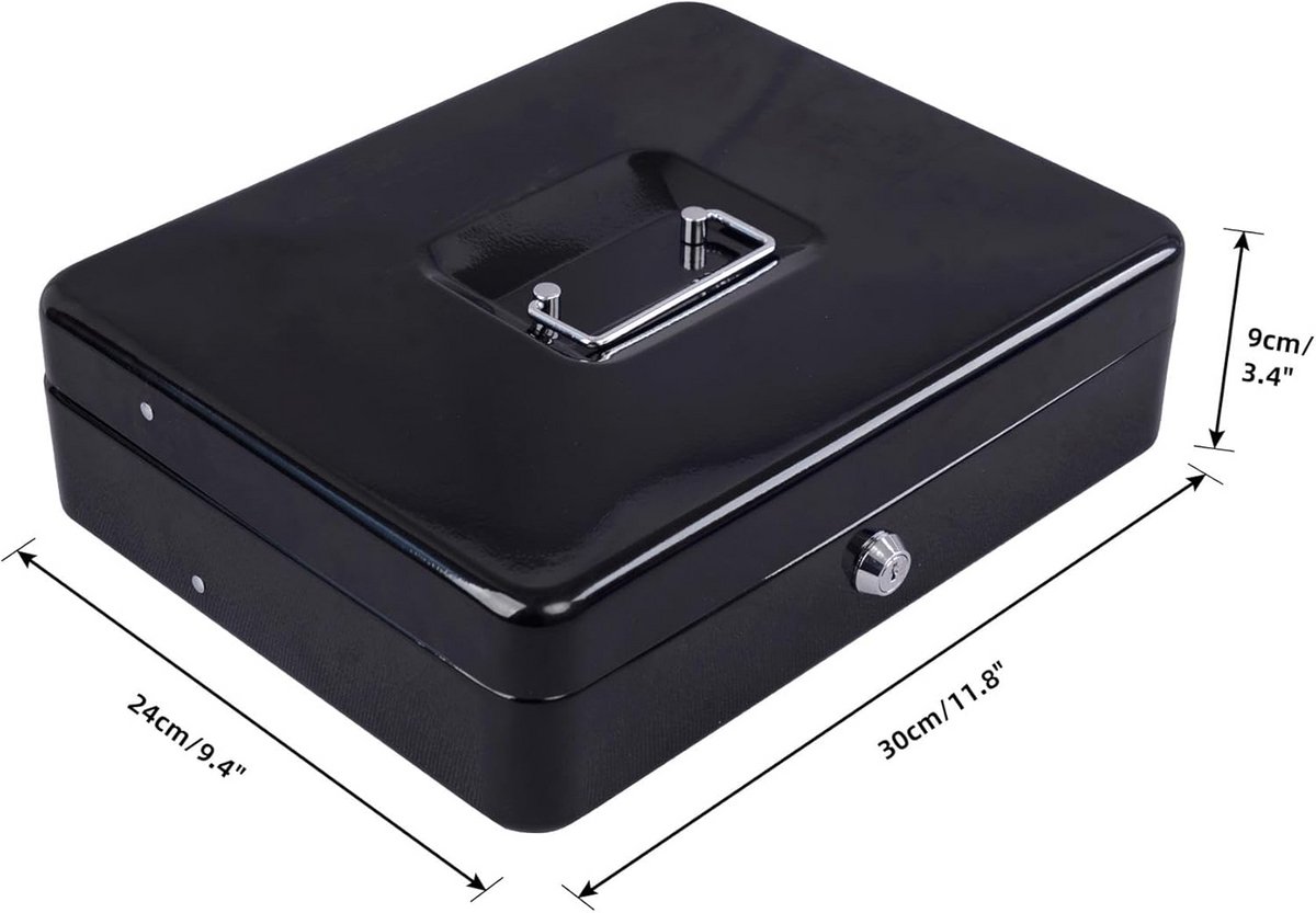 Metalen Cash Box met Sleutels en Cantilever Coin Tray - Zwart