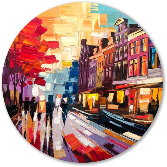 Peinture à l'huile ronde d'une scène de rue avec des bâtiments et des silhouettes de personnes sous un ciel coloré.