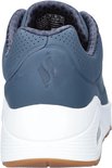 Achterkant blauwe Skechers sneaker met witte zool en logo op de hak.