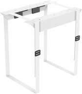 Een witte computerhouder met verstelbare, zwarte gespen aan de witte riemen.