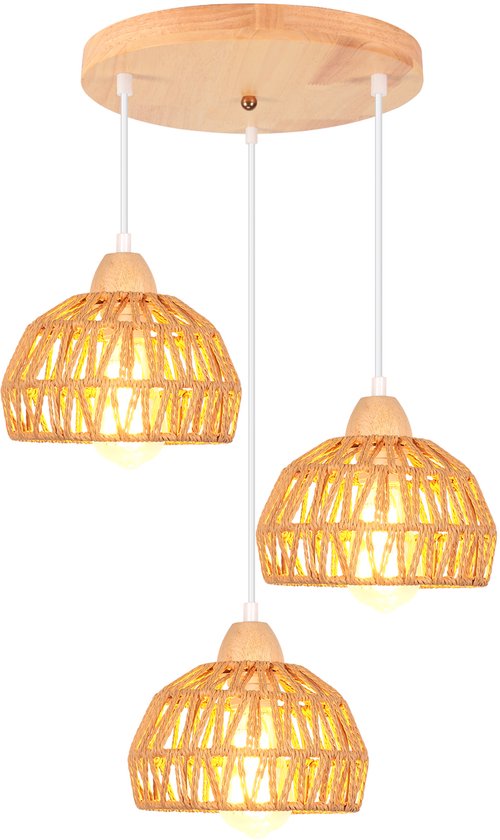 Nettlife Boho Rotan Hanglamp Met 3 Lampen - Vintage Gevlochten Hennep Touw Kroonluchter E27 - Keuken/Eetkamer Verlichting (Lampen Niet Inbegrepen