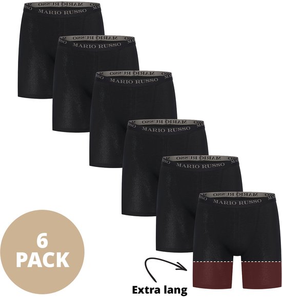 Zes zwarte Mario Russo boxershorts met lange pijpen en een gedetailleerde onderkant. Met tekst '6 PACK' en 'Extra lang'.